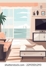 A stylishly decorated beach style living room interior, furniture colourded, trendy decor, inviting ambiance, TV Wall, afternoon. Flat vector design.