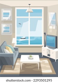 A stylishly decorated beach style living room interior, furniture colourded, trendy decor, inviting ambiance, TV Wall, afternoon. Flat vector design.