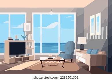 Un elegante estilo playero en el salón interior, mobiliario colorido, decoración de moda, ambiente acogedor, TV Wall, tarde. Diseño de vector plano.