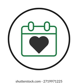 Un icono de calendario con un corazón, ideal para marcar fechas especiales, aniversarios o compromisos románticos. Este gráfico limpio y moderno significa amor, compromiso y