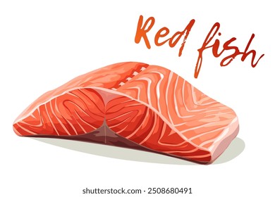 A stylishly designed vector icon piece of red fish isolated on white background. Eye-catching cartoon illustration depicts a salmon fish. Perfect for seafood restaurants, fish markets