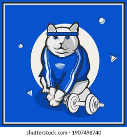 Stylishly dressed sporty cat with dumbbells in sportswear. Fitness club, gym. Strong cat.