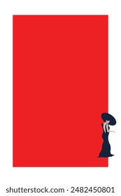 A stylishly dressed woman steps away from the red background of the illustration.