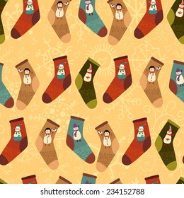 StylishRetro  Merry Christmas seamless pattern with cute socks and  cartoon snowmans in vector. Seamless pattern can be used for wallpapers, pattern fills, web page backgrounds