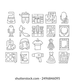 Stylist Accessory Collection Icons Set Vector. Stylist Armchair And Mirror, Sewing Mannequin And Dress, Style Catalog And Magazine Contour Illustrations