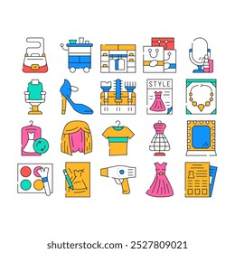 Stylist Accessory Collection Icons Set Vector. Stylist Armchair And Mirror, Sewing Mannequin And Dress, Style Catalog And Magazine Contour Illustrations