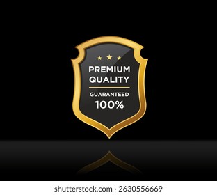 Stylist badge label design gouden schild met tekst Premium Kwaliteit, Gegarandeerd 100 procent. Vaak te zien in premium verpakkingen, branding en marketing voor luxe producten en diensten.