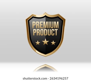 Stylist badge label design golden shield with text Premium Product. Commonly used for marketing, packaging, and branding for upscale products and services.