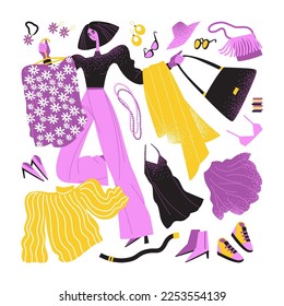 Stylist with blouse, scarf and bag. Isolated character, clothes and accessories. Fashion industry concept. Flat style illustrations