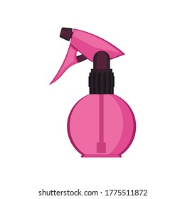 Stylist bottle spray on white background. Plastic bottle with spray. Pink pulverizer for hairdressers, garden. Vector illustration in flat style.