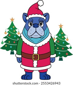 A stylist bull dog wearing Santa Clues Dress Costume Christmas Tree Background Xmas Mascot Vector Bulldog Cartoon Character Illustration Design 