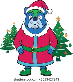 A stylist bull dog wearing Santa Clues Dress Costume Merry Christmas Tree Background Xmas Mascot Vector Bulldog Cartoon Character Illustration Design 