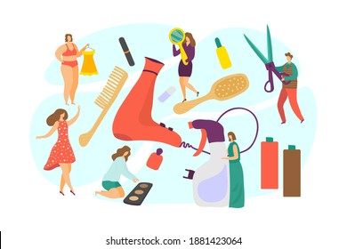 Stylist cartoon concept, vector illustration. Flat beautiful man woman character at beauty salon, professional care about people. Cosmetic work design, model proffesion background.