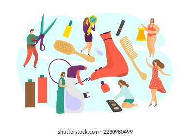 Concepto de dibujos animados estilistas, ilustración vectorial. Carácter hombre hermoso plano de mujer en salón de belleza, cuidado profesional de la gente.