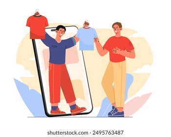 Estilista con ropa. Hombre en la pantalla del teléfono inteligente ofrece la opción de dos camisetas para el chico joven. Estética y elegancia, moda y estilo. Ilustración vectorial plana aislada sobre fondo blanco