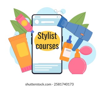 Stylist courses online. Smartphone near hairdryer, perfume and cream. Visagists equipment. Skincare and beauty procedures. Aesthetics and elegance. Flat vector illustration