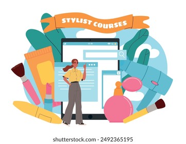 Stylist courses woman. Young girl stands near large tablet and bottle of cologne. Beauty, aesthetics and elegance. Cosmetologist master class on internet. Flat vector illustration