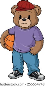 Stylist cute bear standing with basket ball wearing jeans vector art 