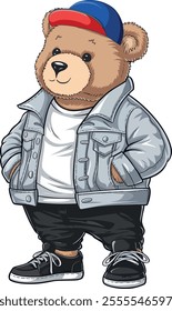 Stylist Cute bear wearing blue gens jacket putting hands in to pocket vector art