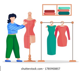 Stylist, designer or seamstress working with textile of red dress at mannequin. Vector cartoon illustration at white background of sewing workshop, dresses at stand, working with sewing material