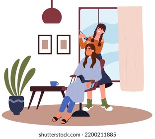 Stylist is dyeing client’s hair in the beauty salon. Hairdresser and customer. Hair coloring. Flat vector illustration.