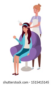 stylist fixing hair to client characters
