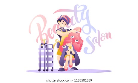 Stylist hairdresser combs girl long hair in beauty salon