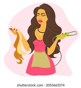 stylist, hairdresser holds strand for hair extensions, hair lengthening. woman with hairdressing tools. stylist by profession. it can be used for beauty website, blogs of hairdresser, colorist