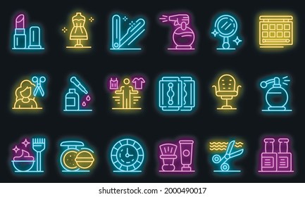 Stylist icons set. Outline set of stylist vector icons neon color on black