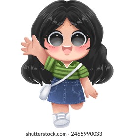 stylist little black haired girl with green clothes and jean skirt and white bag happily greetings at someone 