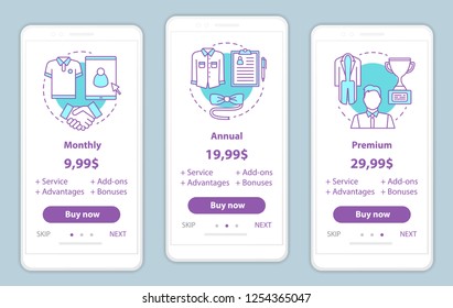 Stylist for men services prices onboarding mobile app screens template. Walkthrough website pages. Shopping discounts. Tariff plans steps. Smartphone payment web page layout