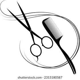 Stylist scissors and comb with curl of hair