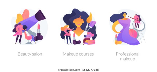 Stylist services flat icons set. Hairdressing procedures, beautician tutorial. Beauty salon, makeup courses, professional makeup metaphors. Vector isolated concept metaphor illustrations.