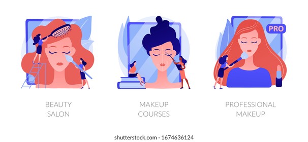 Stylist services flat icons set. Hairdressing procedures, beautician tutorial. Beauty salon, makeup courses, professional makeup metaphors. Vector isolated concept metaphor illustrations.