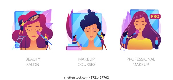 Stylist services flat icons set. Hairdressing procedures, beautician tutorial. Beauty salon, makeup courses, professional makeup metaphors. Vector isolated concept metaphor illustrations.