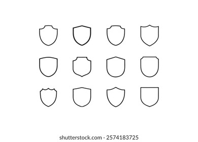 Stylist Shield icons set. Protect shield vector sign. Shield line art icon set. Shield isolated shapes collection. Protect security icons badge quality symbols, signs, and logos on a background.