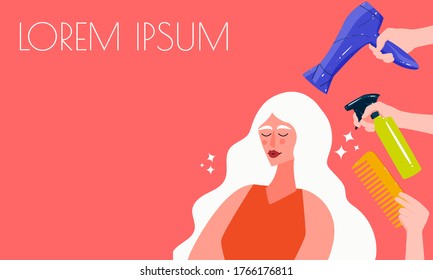 Stylist vector banner design. Cute woman in the salon gets a haircut. Beauty industry card