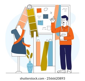 Stylist in workshop. Man near mannequin with clothes. Fashion, trend and style. Seamstress and tailor with pieces of fabric. Handicraft and needlework. Linear vector illustration