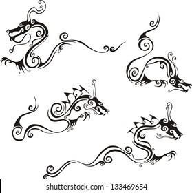 Stylistic dragon tattoos. Set of black and white vector illustrations.