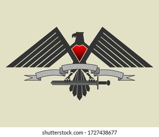 Stylistic eagle with spread wings and a sword in its paws. Entwined with a ribbon