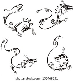 Stylistic exquisite dragon tattoos. Set of black and white vector illustrations.