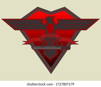 A stylistic imperial eagle with spread wings and a sword in its claws against the background of a red shield. Abbreviation S.P.Q.R. with ribbon