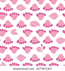 Stylistic pink flowers and leaves in rows on a white background make for a seamless pattern that is both refined and simple.