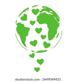 A stylistic representation of Earth with heart shapes spread across its surface and a trail of smaller hearts beneath it, depicting love or concern for the planet. Great for environmental themes