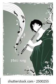 stylistic  vector illustration describing a girl playing a song on a flute in the garden,grunge frame, floral elements & flying musical notes
