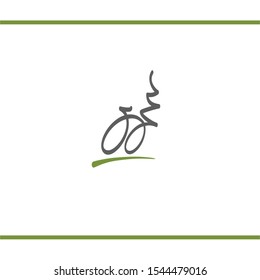 Stylizated logo of bicycle and nature. Dynamic logo of cycle route. Green and grey color. Logo design template.