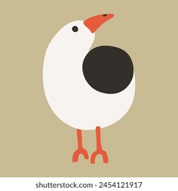 Stylization of animals. Black and white bird with orange beak and paws. Rounded shapes. Bird looking up