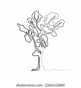 Stylization of the common oak tree. Modern image with one smooth flowing line. Beautiful unusual nature design. Black drawing on a white background.