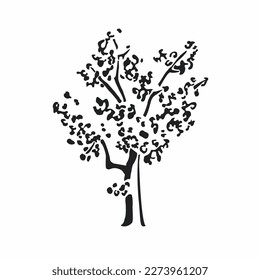 Stylization of the common oak tree. Modern linear image in smooth flowing lines. Beautiful unusual nature design. Black drawing on a white background.