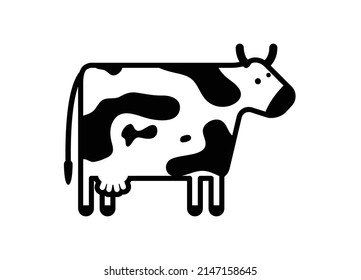 Stylization of a cow with simple geometric shapes. Black and white icon for the designation of meat and dairy products. Illustration in the style of contour and flat graphics